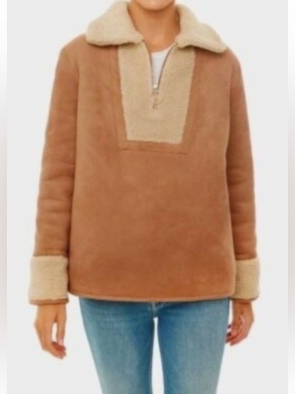 Tuckernuck Camel Brown Faux Suede Shearling Quarter Zip Jacket Size Small